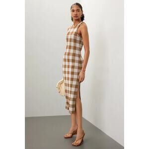 TOCCIN Emerson Midi Dress Sleeveless Gingham Check Knit Brown White Size XS